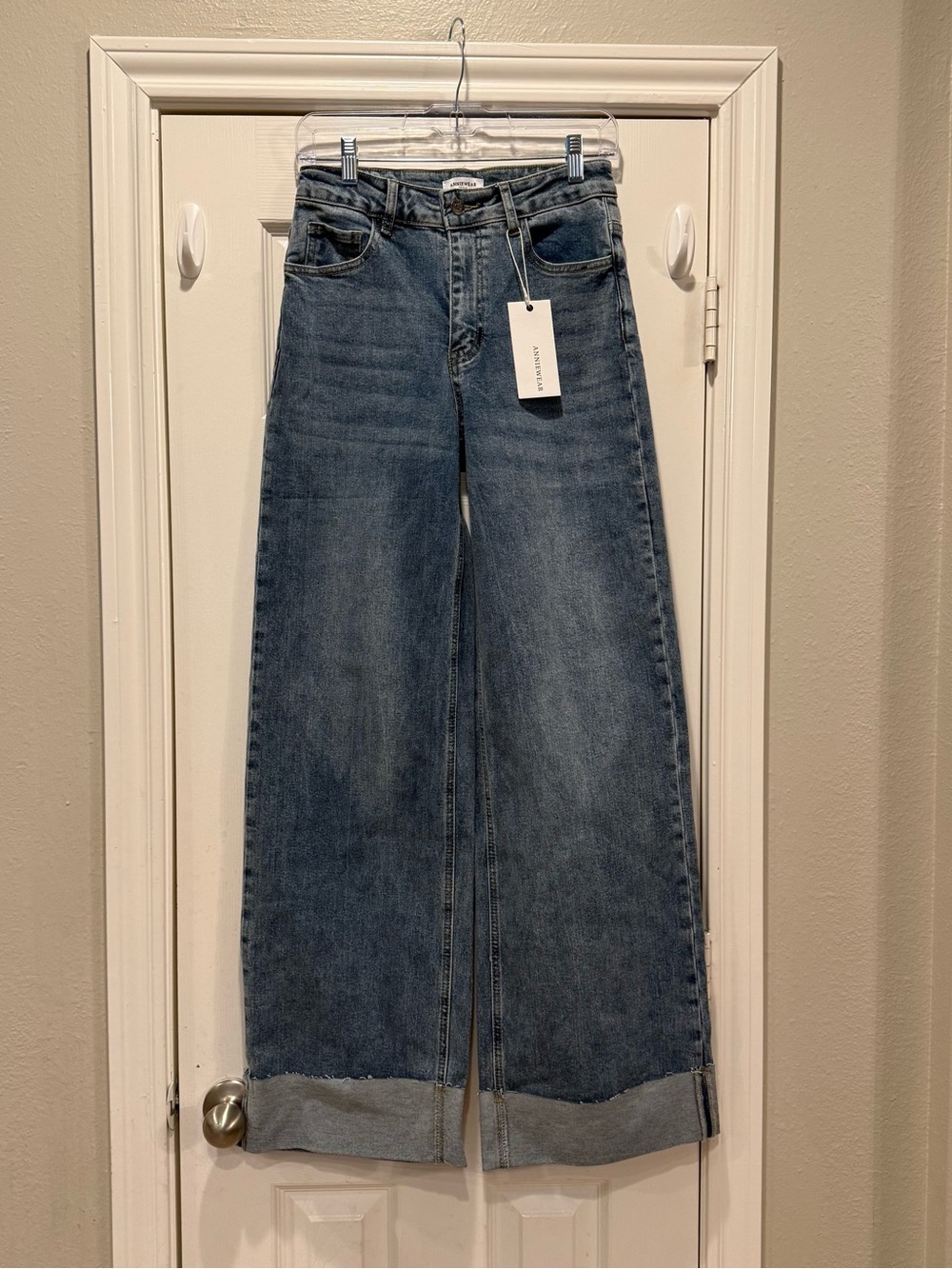 Anniwear High Rise Wide Leg Cuffed Jeans Medium Wash Stretch Women’s Size Small